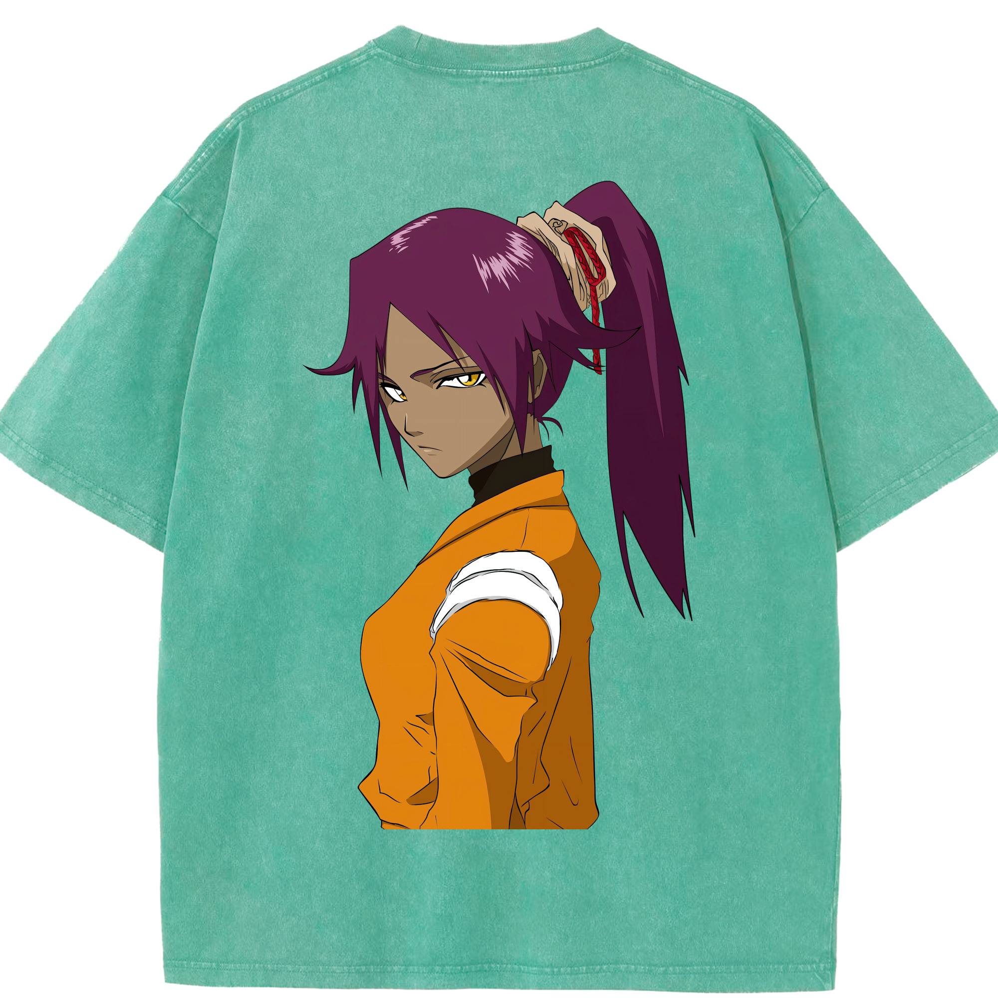 （画像用） ブリーチ 四楓院 夜一（しほういん よるいち） BLEACH Shihouin Yoruichi 綿100% ヴィンテージ風 半袖Tシャツ（背面プリント）